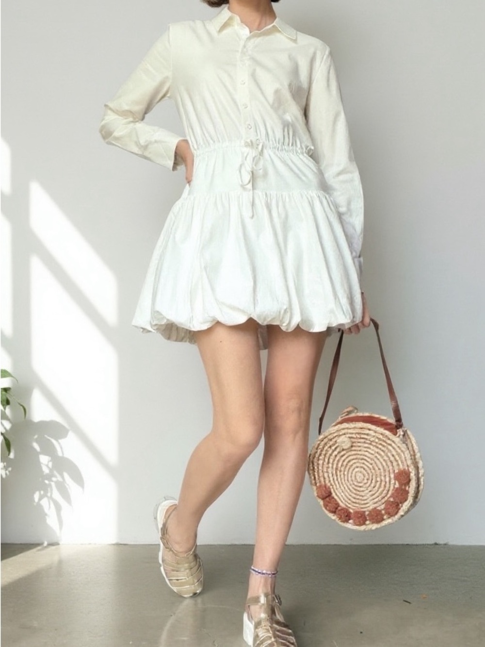 Reformation White Tiered Bubble-Hem Shirt Dress Sz 4, Organic Stretch Cotton New